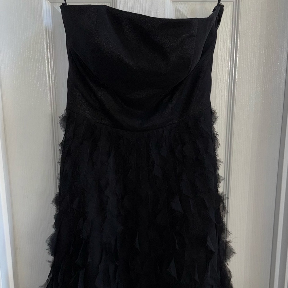 White House Black Market Strapless Cocktail Silk Dress 6 Sheer Overlay Ruffle